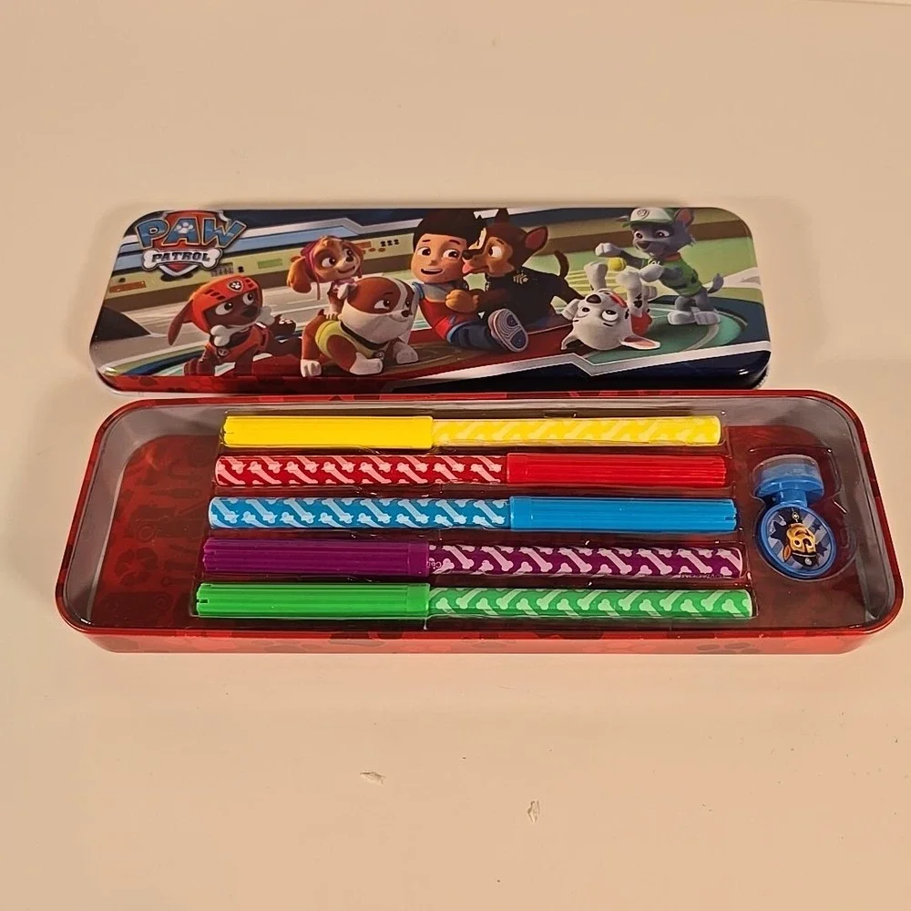 Paw Patrol Tin Pencil Case Box With Colored Markers And Stamp Opened/Unused‎